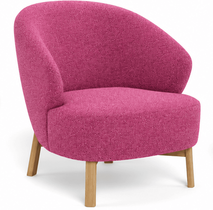 A contemporary accent chair with a curved back and integrated armrests, upholstered in a vibrant fuchsia-colored textured fabric, supported by four splayed wooden legs. — 3D model