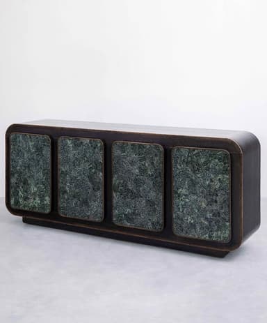 A long, low rectangular cabinet with a dark, patinated metallic finish and four integrated doors featuring prominent, rounded rectangular panels of highly figured green marble. The cabinet's ends are smoothly rounded, and it rests on a recessed plinth base. — 3D model