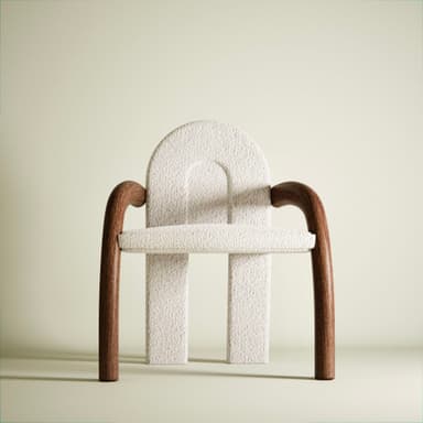 A highly sculptural and conceptual accent chair featuring a distinctive letter 'A' silhouette for its back and seat. The main body is upholstered in a tactile, off-white bouclé fabric, with a central arched cut-out in the backrest. Complementing the textured fabric are two dramatically curved dark brown wooden elements that function as armrests and part of the support structure. — 3D model