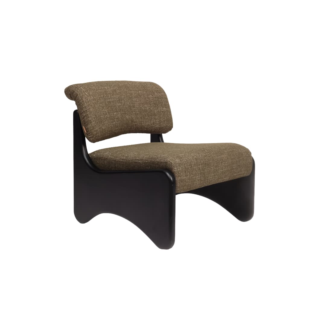 An armless lounge chair characterized by a low profile, upholstered seat and back, and a distinctive curved solid base. The design exhibits postmodern influences with its sculptural form and substantial presence. — 3D model