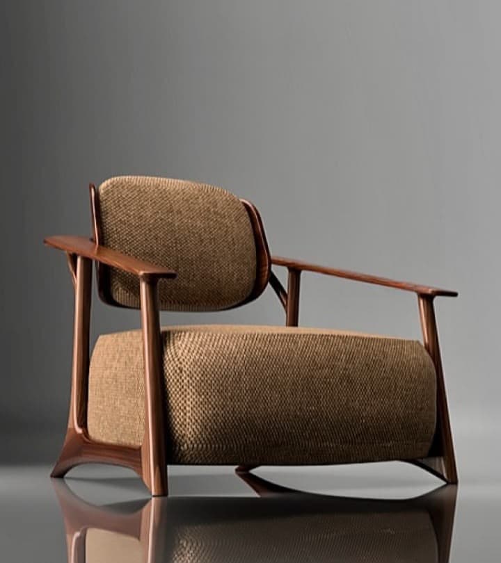 An armchair featuring a distinctly shaped wooden frame and upholstered cushions. The wooden elements form the legs, armrests, and support structure for the seat and back, which are individual upholstered pieces. — 3D model