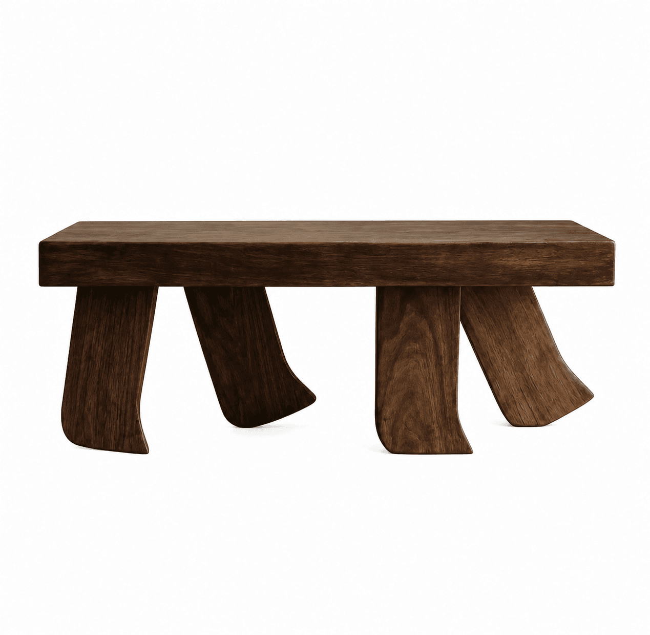 A low, rectangular coffee table with a solid, dark wood top and four uniquely shaped legs. The legs are thick and curve outwards at the bottom, giving the table a distinctive, sculptural appearance. The wood grain is prominent, suggesting a natural and robust construction. — 3D model