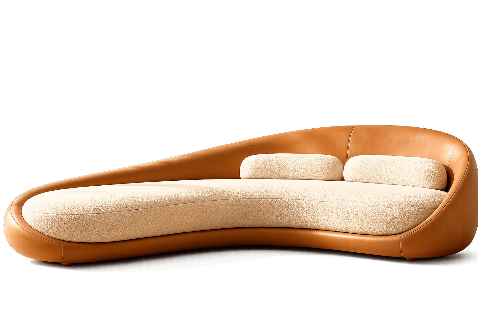 An asymmetrical, organically curved sofa featuring a tan leather outer frame and cream-colored bouclé fabric seat and back cushions. The design creates an elongated chaise-like form with a distinct modern aesthetic. — 3D model