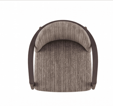 An armchair featuring a contemporary design with a dark wooden frame and upholstered in a light brown, textured fabric. The frame forms a continuous, curved shape that encompasses the backrest and extends into integrated armrests. The seat and the inner part of the backrest are upholstered, providing a comfortable seating surface. The fabric appears to be a durable woven textile with variations in tone, creating a speckled or tweed-like effect. — 3D model