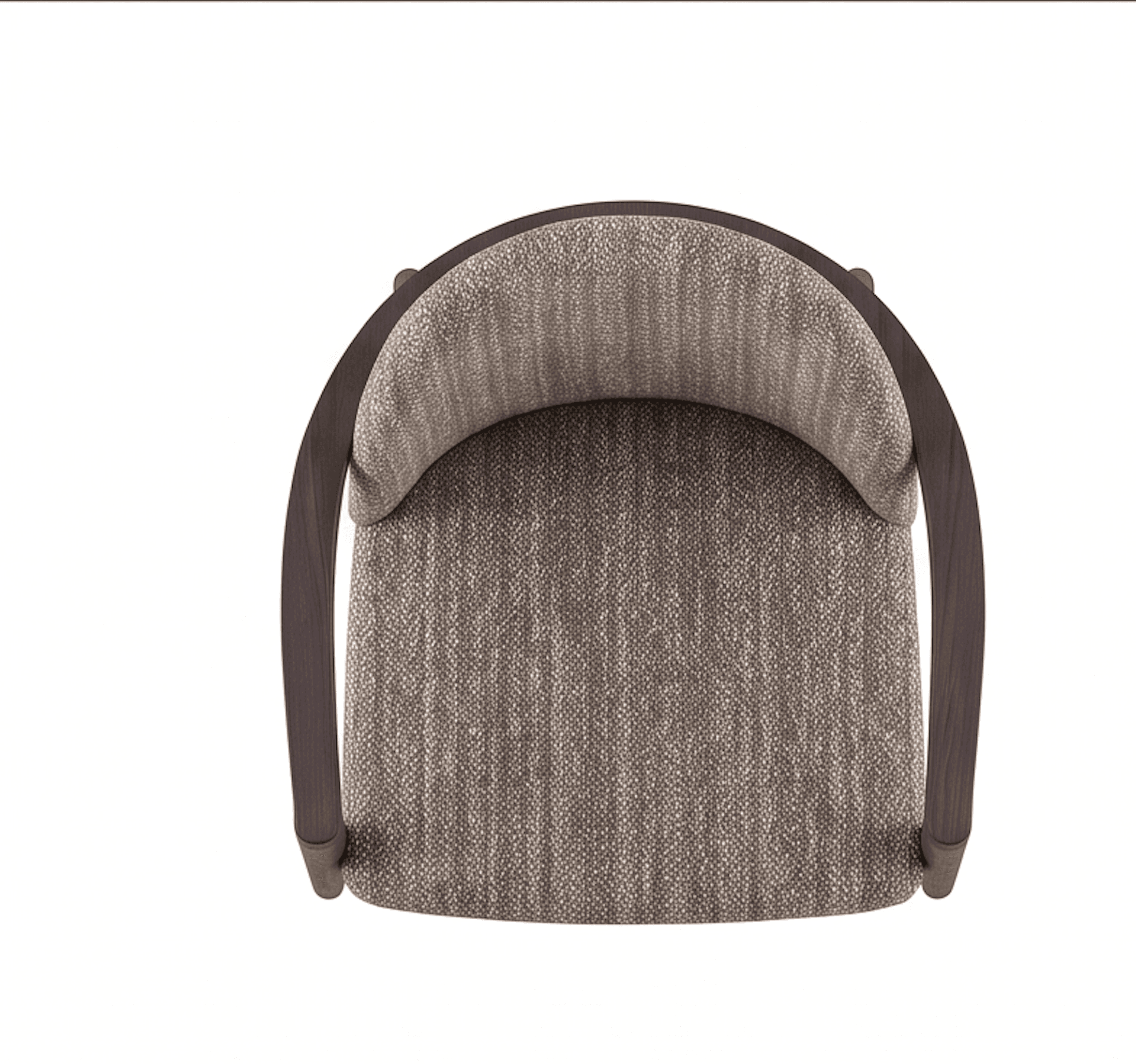 An armchair featuring a contemporary design with a dark wooden frame and upholstered in a light brown, textured fabric. The frame forms a continuous, curved shape that encompasses the backrest and extends into integrated armrests. The seat and the inner part of the backrest are upholstered, providing a comfortable seating surface. The fabric appears to be a durable woven textile with variations in tone, creating a speckled or tweed-like effect. — 3D model