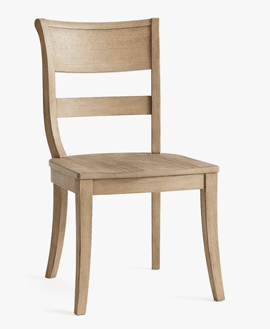 A wooden dining chair with a curved backrest composed of two horizontal slats and a solid, sculpted seat. The legs are slightly tapered, and the overall construction suggests a natural wood finish. — 3D model