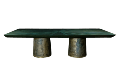 A rectangular dining table featuring a dark, multi-tonal radial pattern on its tabletop and supported by two large, cylindrical bases with a heavily textured, patinated finish. — 3D model