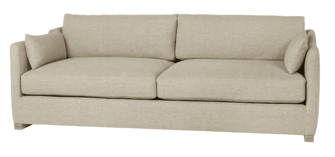 A contemporary two-seater sofa upholstered in a light beige, subtly textured fabric. It features a two-over-two cushion configuration with two large seat cushions and two rectangular back cushions. The sofa has low-profile track arms, each accompanied by a small bolster pillow. It is supported by discreet, low square wooden feet. — 3D model