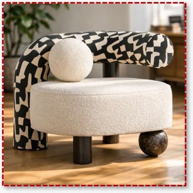 A contemporary sculptural lounge chair featuring a round, thick seat upholstered in cream bouclé fabric. The backrest is a bold, curved element wrapped in a black and off-white abstract checkerboard patterned fabric. A small spherical cushion in matching cream bouclé serves as a minimalist armrest or accent. The chair is supported by three dark, cylindrical legs, with one additional dark spherical element acting as a fourth, decorative foot. — 3D model