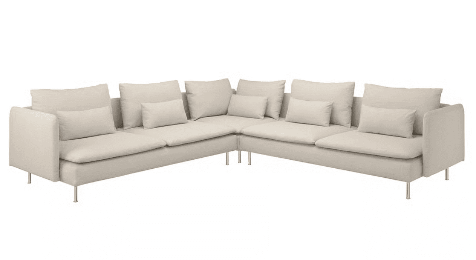 A large sectional sofa with a neutral-toned fabric upholstery. It features a modular design with multiple seating sections forming an L-shape. The sofa is equipped with numerous plush throw pillows for enhanced comfort and support. The base is supported by slender, metallic legs, giving it a modern aesthetic. The overall appearance is clean and contemporary. — 3D model