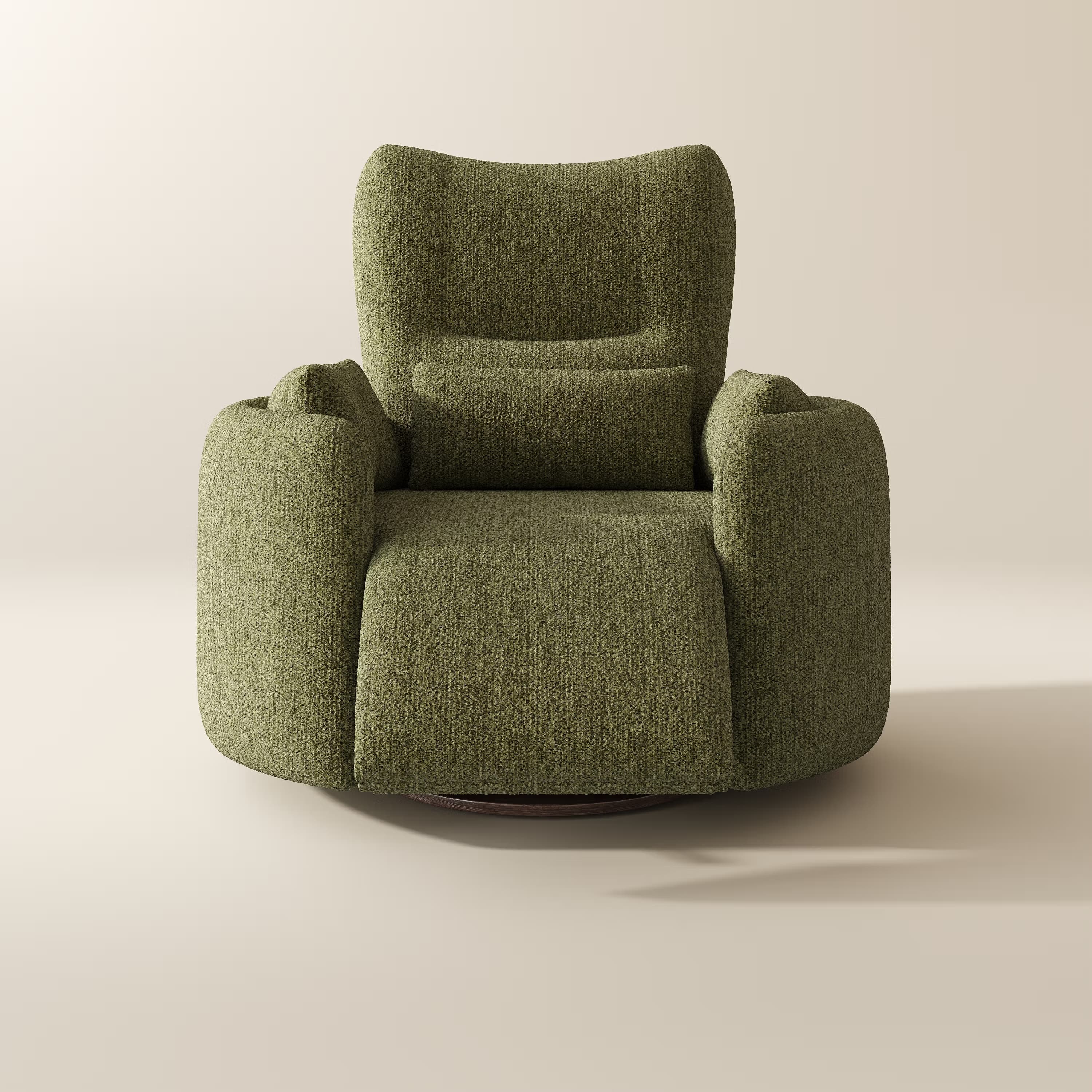 A contemporary, fully upholstered armchair featuring a rich olive-green boucle fabric. It includes an integrated reclining mechanism with an extended footrest and is mounted on a dark, circular swivel base. A matching lumbar cushion provides additional support. — 3D model