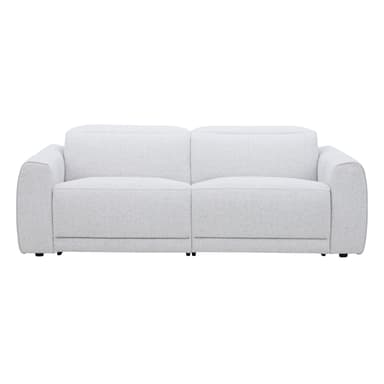 A contemporary three-seater sofa upholstered in a light gray textured fabric, featuring wide, subtly rounded armrests and distinct, structured back cushions. The sofa sits low to the ground on small, inconspicuous black feet, emphasizing a sleek and modern design. — 3D model