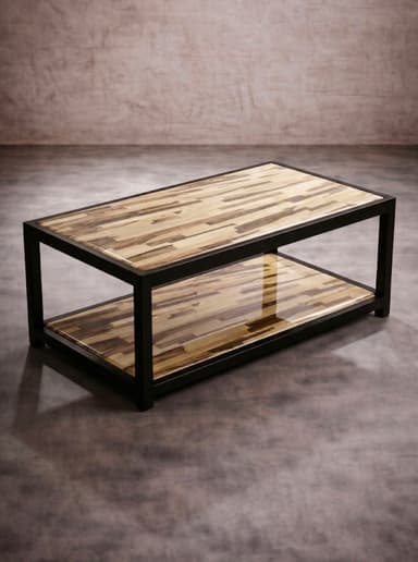 A rectangular coffee table featuring a two-tiered design. The frame is constructed from black metal, forming a sturdy, open structure. Both the top surface and the lower shelf are made from wood arranged in a mosaic pattern, showcasing various shades of light to medium brown wood pieces. The wood surfaces appear to have a glossy, possibly resin or glass, protective finish, reflecting light. The overall aesthetic is modern industrial with natural elements. — 3D model