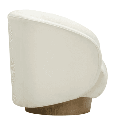 A contemporary barrel swivel armchair featuring a deeply curved, enveloping form upholstered in a cream-colored fabric, supported by a circular wooden plinth base. — 3D model