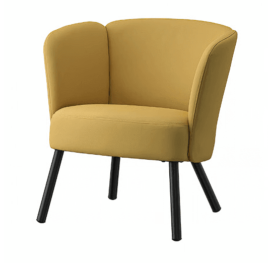 A mustard yellow upholstered accent chair with a distinctive scalloped backrest and black, splayed metal legs, designed for comfortable and stylish seating. — 3D model