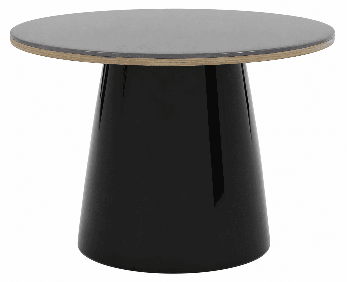 A contemporary round accent table featuring a dark grey matte tabletop with a visible natural wood edge, supported by a glossy black conical pedestal base. — 3D model