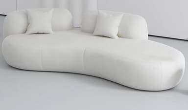 A contemporary sofa featuring a curvilinear, organic form, upholstered in a textured white fabric, and accompanied by small, matching throw pillows. The backrest is composed of distinct, rounded sections. — 3D model