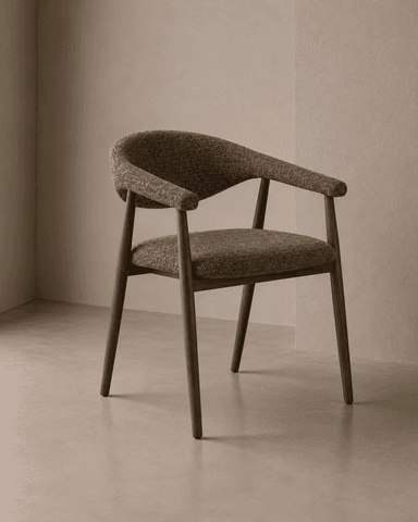 A mid-century modern inspired armchair with a curved backrest and integrated armrests, upholstered in textured green fabric, supported by a wooden frame with tapered legs. — 3D model