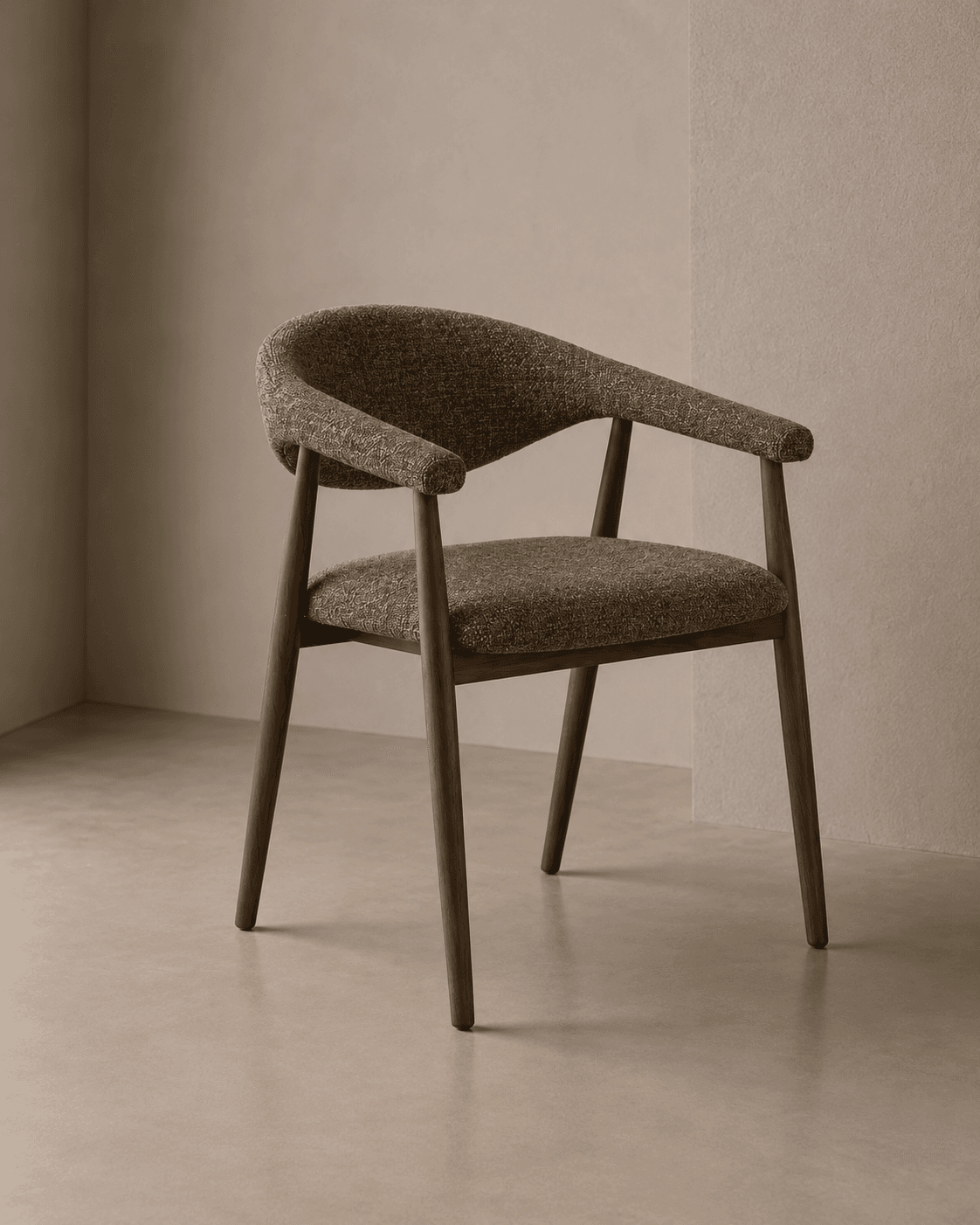 A mid-century modern inspired armchair with a curved backrest and integrated armrests, upholstered in textured green fabric, supported by a wooden frame with tapered legs. — 3D model