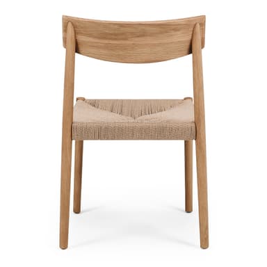 A contemporary dining chair featuring a natural oak wood frame and a hand-woven paper cord seat. The design is minimalist with clean lines and a gently curved backrest. — 3D model