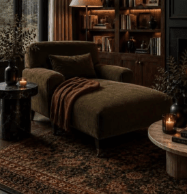An olive green corduroy upholstered chaise lounge featuring a single armrest on the left side, an elongated seat, and a supportive backrest with a loose rectangular back cushion. It is supported by four dark wooden tapered legs and has a brown knitted throw blanket draped over the seat. — 3D model