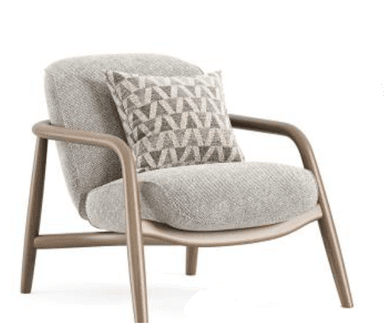 A modern upholstered lounge chair featuring a curved backrest, integrated armrests, and a visible wood frame with a medium brown finish. The upholstery is a light, textured fabric, and a decorative patterned throw pillow rests on the seat. — 3D model