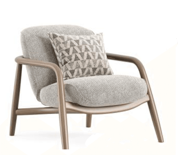 A modern upholstered lounge chair featuring a curved backrest, integrated armrests, and a visible wood frame with a medium brown finish. The upholstery is a light, textured fabric, and a decorative patterned throw pillow rests on the seat. — 3D model