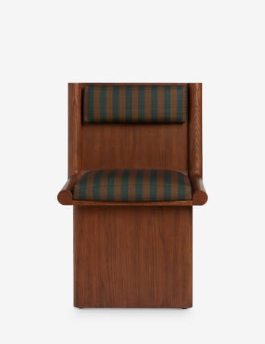 A contemporary or mid-century style armchair featuring a substantial solid wood frame with a dark brown finish and prominent grain. The chair has a box-like base and back structure, with integrated, smoothly rounded armrests. The seat and separate backrest cushion are upholstered in a fabric with distinct vertical stripes in contrasting brown and dark green. — 3D model
