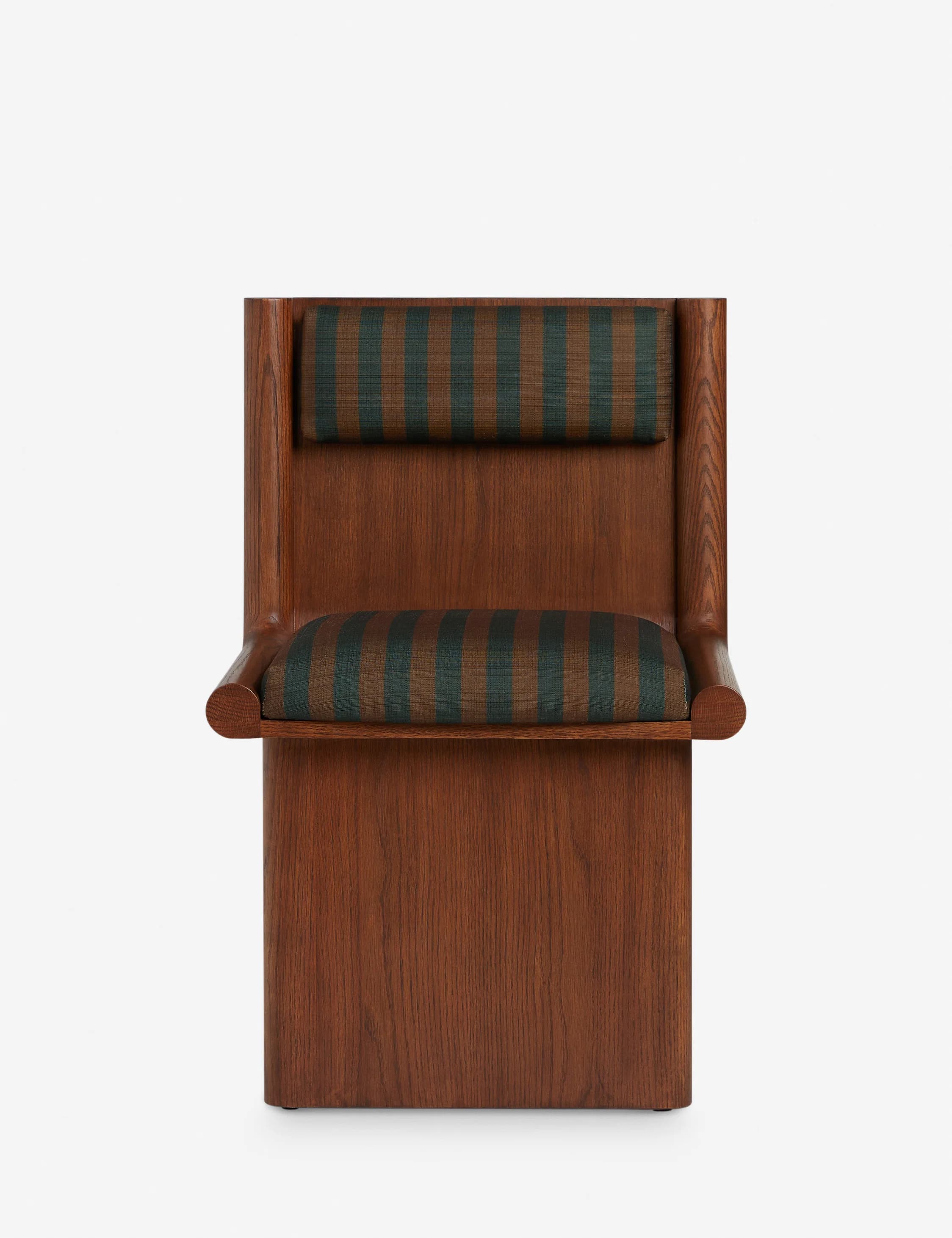 A contemporary or mid-century style armchair featuring a substantial solid wood frame with a dark brown finish and prominent grain. The chair has a box-like base and back structure, with integrated, smoothly rounded armrests. The seat and separate backrest cushion are upholstered in a fabric with distinct vertical stripes in contrasting brown and dark green. — 3D model