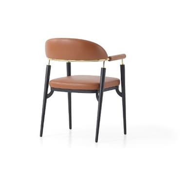 A contemporary armchair featuring a sleek design with a curved backrest and seat, upholstered in tan leather. It rests on slender, tapered black metal legs and includes wooden armrest caps connected by polished brass accent rods. — 3D model