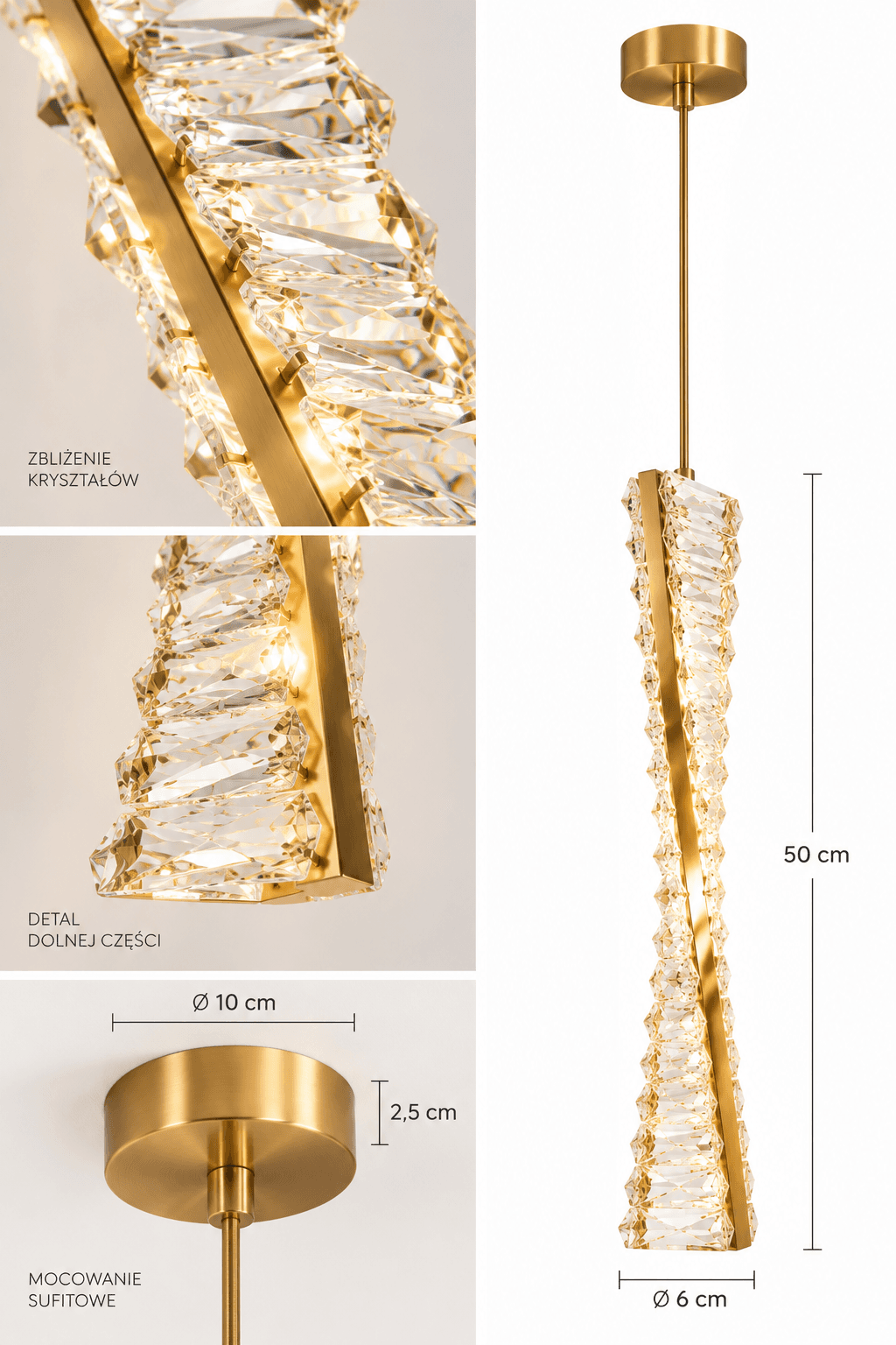 A modern pendant light featuring a twisted brass-finished frame embedded with facet-cut clear crystals, suspended from a matching circular canopy by a slender rod. The integrated light source illuminates the crystals, creating a sparkling effect. — 3D model
