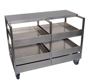 A robust, multi-tiered utility cart constructed from brushed stainless steel, featuring two open shelves and two partially enclosed lower compartments, topped with a flat surface. It is equipped with four swivel casters for mobility and integrated handle structures. — 3D model