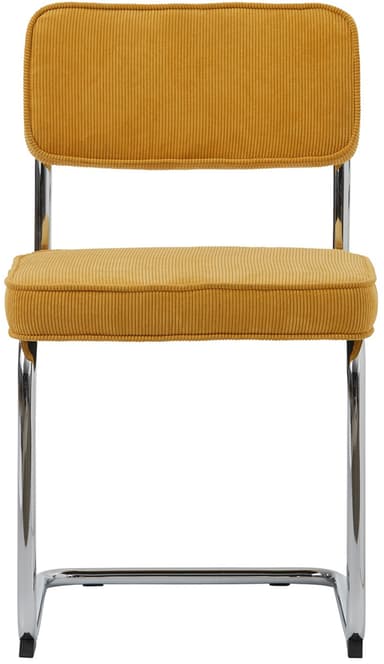A side chair with a tubular chrome frame and corduroy upholstered seat and backrest. The frame has a cantilevered design, providing a slight flex. The seat and back are generously padded and feature piped edges. The chair rests on black protective caps at the base of the legs. — 3D model