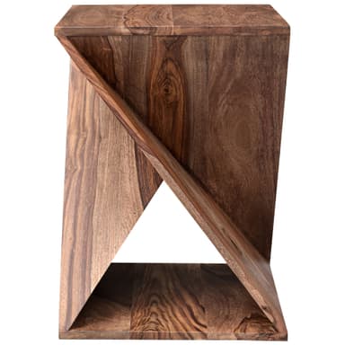 A wooden end table with a unique, angular geometric design. The structure features an open triangular void created by intersecting planes. The wood grain is prominent, showcasing variations in tone and texture, with visible knots. — 3D model