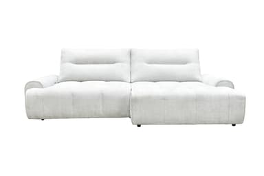 A rear-side view of a contemporary upholstered sectional sofa in a light gray textured fabric, featuring distinct modular sections, separate back cushions, and a low-profile design. — 3D model