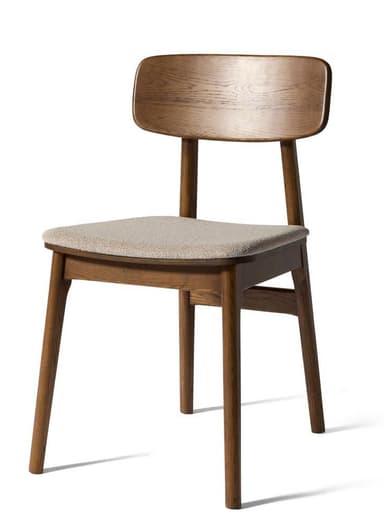 A contemporary dining chair crafted from warm-toned wood, featuring a padded upholstered seat and a slightly curved, solid wood backrest. The chair is supported by four tapered, round legs. — 3D model