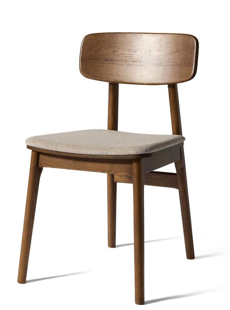 A contemporary dining chair crafted from warm-toned wood, featuring a padded upholstered seat and a slightly curved, solid wood backrest. The chair is supported by four tapered, round legs. — 3D model