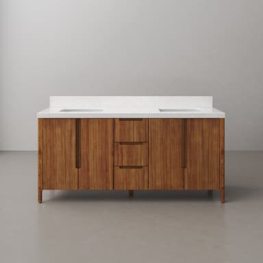 A double vanity cabinet with a white countertop, featuring two integrated sinks and brass faucets. The cabinet base is made of wood with a prominent grain pattern and has a configuration of two cabinet doors on the left, three drawers in the center, and one cabinet door on the right. The handles are integrated and made of a dark material, possibly bronze or dark brass. The unit is supported by four angled legs. — 3D model