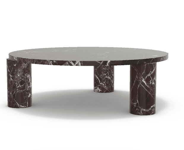 A circular coffee table with a dark marble top and four cylindrical legs made of the same material. The legs are positioned to support the tabletop, with two visible from the front in this view. The marble exhibits a pattern of white veining against a deep reddish-brown background. — 3D model
