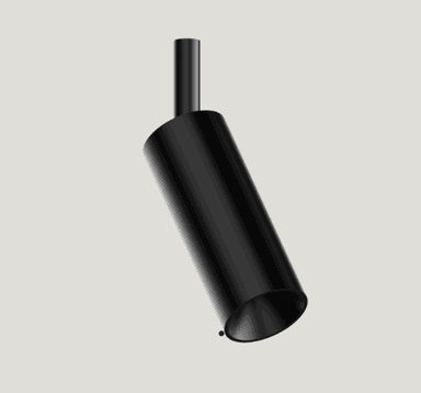 Two dark, cylindrical light fixtures mounted to a ceiling. One is angled downwards, and the other is oriented perpendicularly to the ceiling surface. They exhibit a matte finish and a minimalist design, suggesting they are modern spotlights. — 3D model