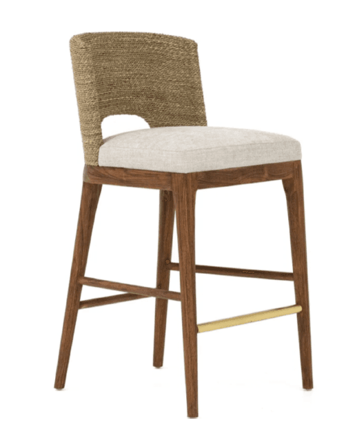 A high-backed bar stool with a solid wood frame, an upholstered seat in a light fabric, and a curved backrest made of tightly woven natural fibers. It features a brass footrest bar. — 3D model