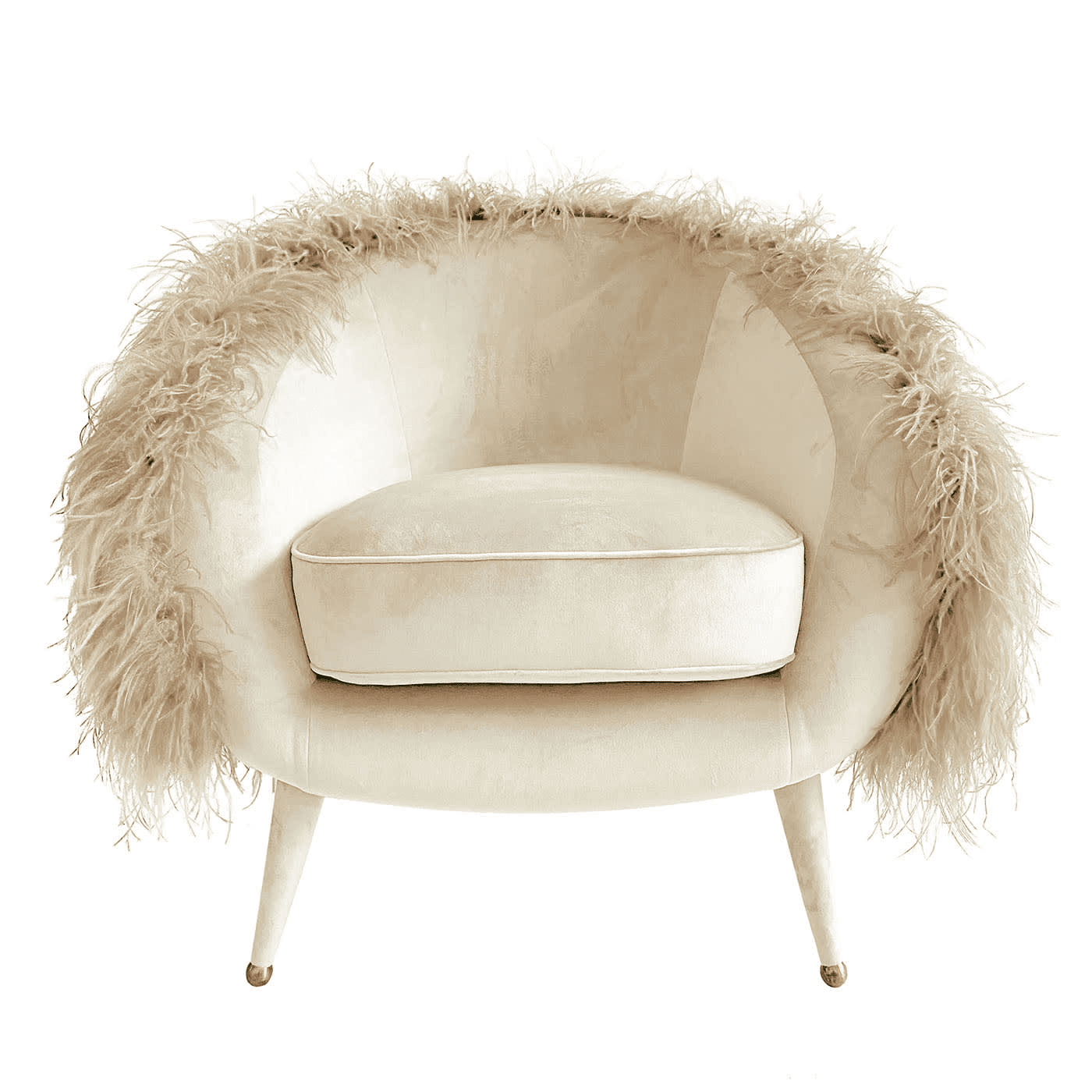 A plush armchair upholstered in a cream-colored velvet fabric. The chair features a rounded, open back and is heavily embellished with fluffy, light brown feathers along the entire outer edge of the back and armrests. It has a single, thick seat cushion and tapers to four slender, angled legs, each tipped with a small gold accent. — 3D model