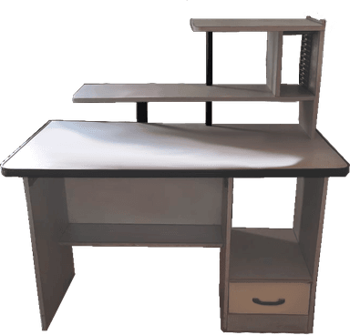 A modern computer desk featuring a rectangular work surface, an integrated hutch with multiple shelves, and a storage pedestal with one drawer and an open cubby. — 3D model