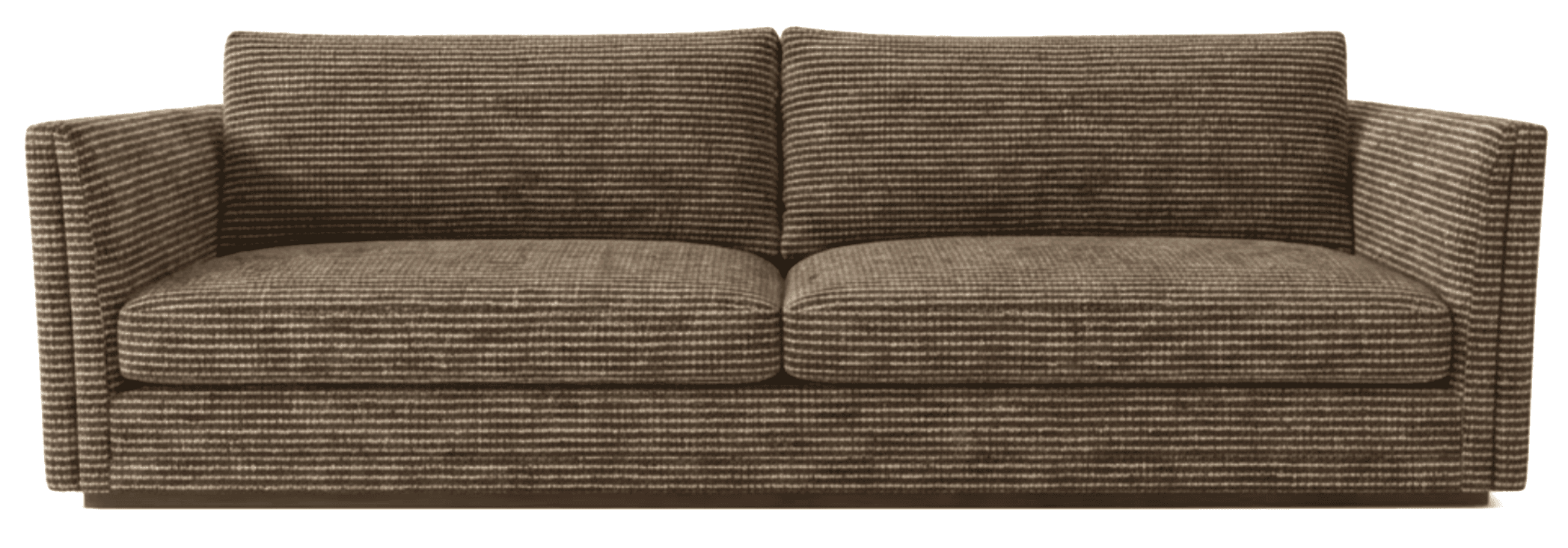 A two-seater sofa upholstered in a brown and white striped fabric. The sofa features a low profile with straight arms and a solid base. The seat and back cushions are removable and appear to be overstuffed for comfort. The fabric has a textured appearance due to the thin, alternating stripes. — 3D model