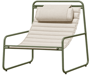 A modern lounge chair featuring a simple, olive green tubular metal frame and a suspended light beige fabric sling seat and back. It includes a matching cylindrical headrest cushion attached to the top rail. — 3D model