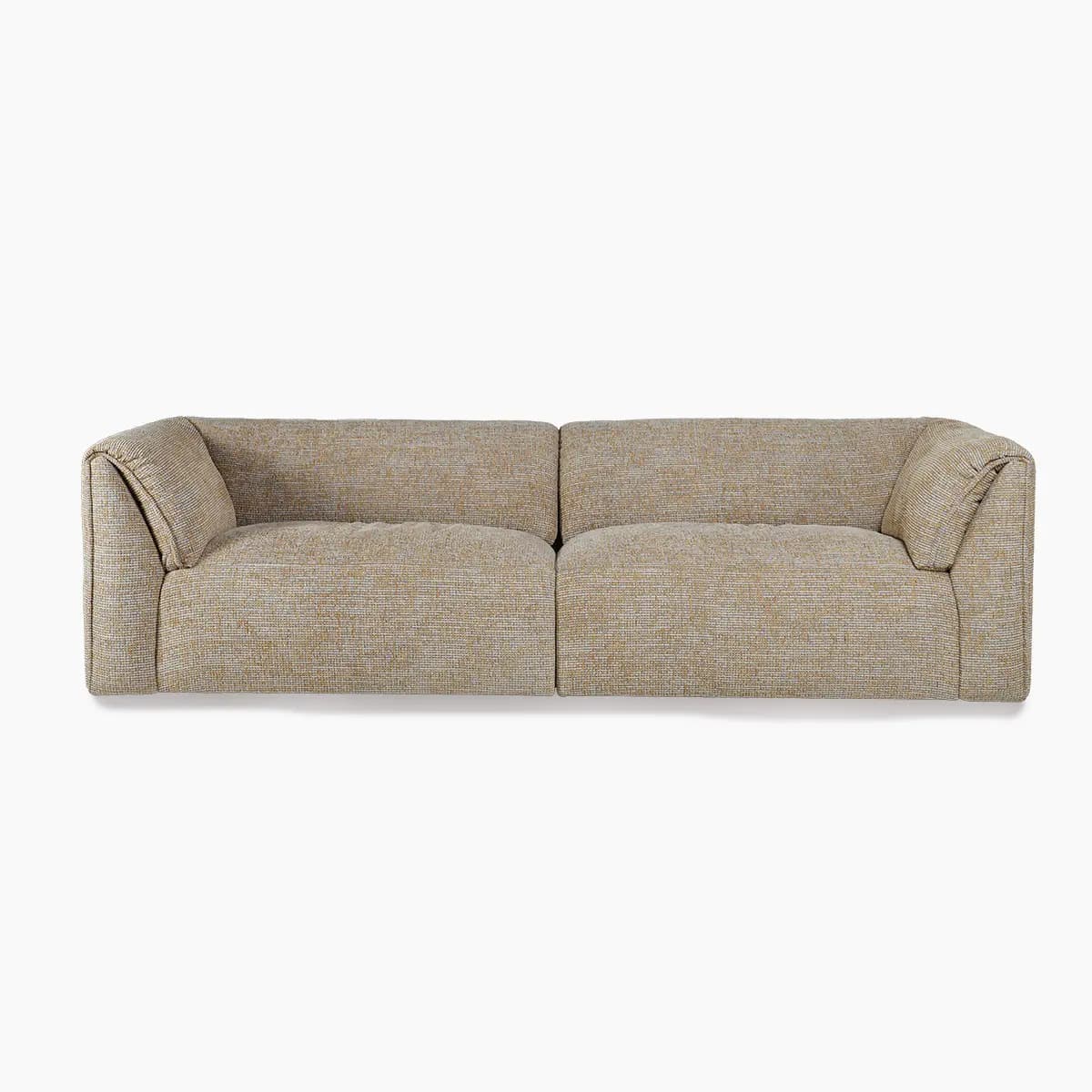 A contemporary two-seater sofa with a low profile and rounded armrests. The sofa features two seat cushions and two back cushions, with a slightly angled backrest. The upholstery has a textured weave, and the base appears to be a solid, low plinth. — 3D model