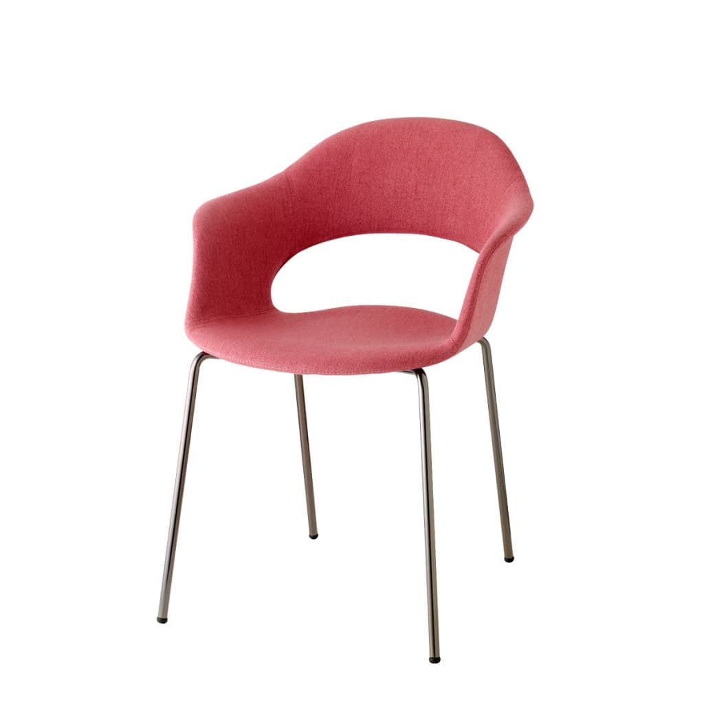 A modern dining or accent armchair featuring a curved, shell-shaped seat and back with integrated armrests, upholstered in a reddish-pink fabric. A distinctive oval cutout is present in the lower backrest. The chair is supported by four slender, straight metal legs that splay slightly outwards. — 3D model