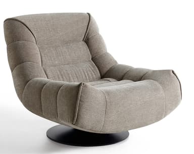 A modern armchair with a low profile and a unique curved silhouette. The armchair features deep tufting across the seat and back, creating a series of upholstered panels. It is supported by a flat, circular swivel base in a matte black finish. The overall design suggests comfort and contemporary aesthetics. — 3D model