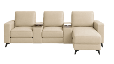 A modular beige sofa composed of three sections, with the rightmost section forming a chaise lounge. Each seating section features thick, upholstered cushions and integrated armrests. Between the first two seating sections and the second and third seating sections (on the chaise), there are dark wood consoles with built-in cup holders. The sofa is supported by slender, dark, angled legs. — 3D model