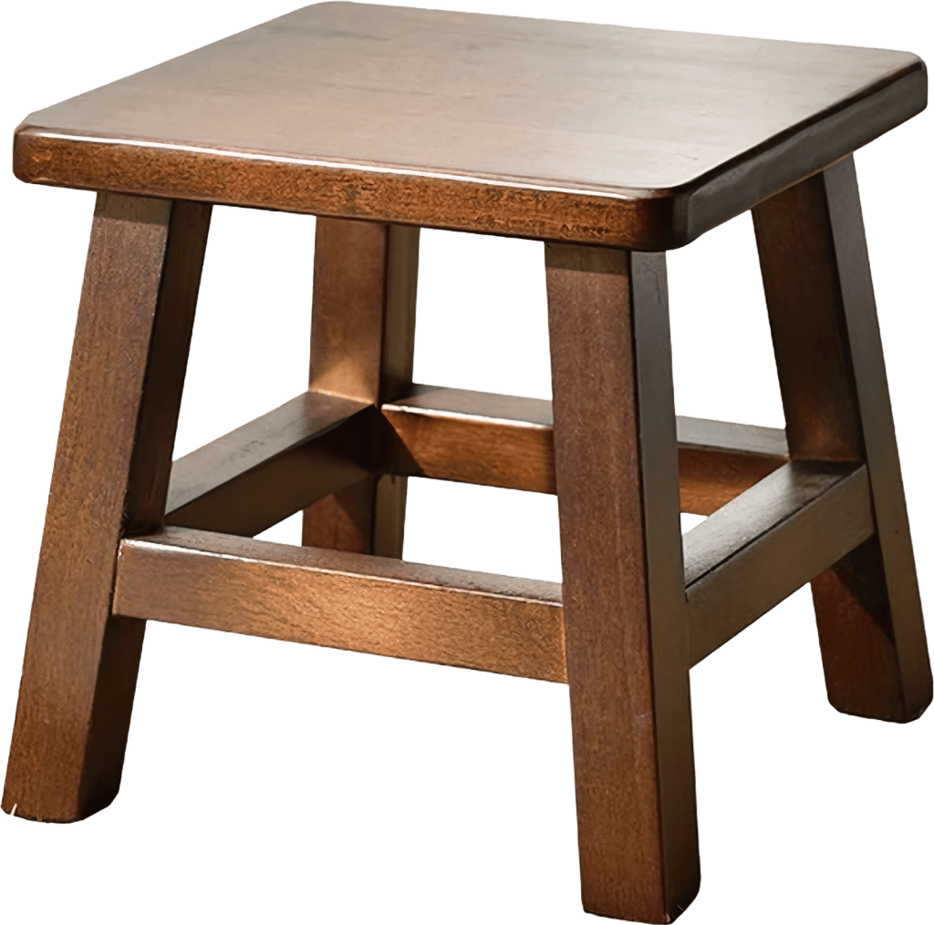 A compact, square-top stool constructed from solid wood with a dark brown finish. It features four sturdy, slightly tapered legs reinforced by horizontal stretchers on all sides for stability. — 3D model